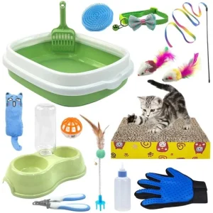 Kitten Starter Kit - 15 Piece Cat Essentials Set Includes Litter Box, Toys, C...